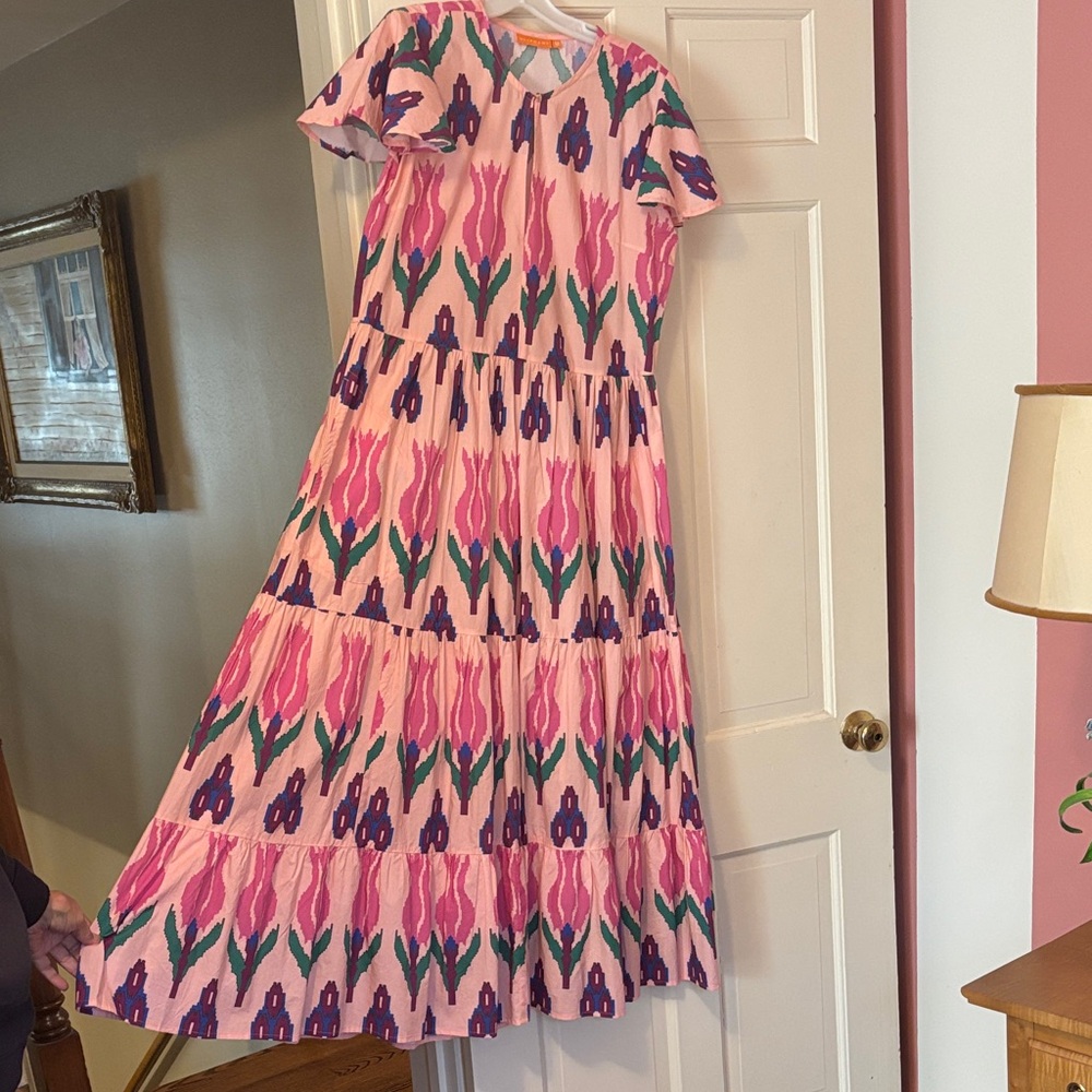 Oliphant Pink Floral Tiered Maxi Dress with Green & Purple Accents